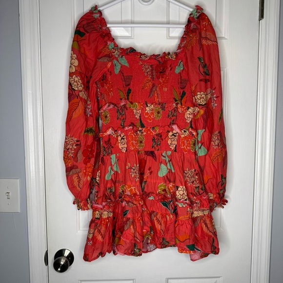 Farm Rio Anthropologie Smocked Ruffle Mini Dress Large Coral Long Sleeve Orange - Picture 10 of 12